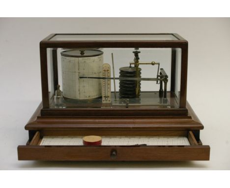 A fine quality mahogany and glazed cased barograph with ivory thermometer, the drawer containing some accessories including d