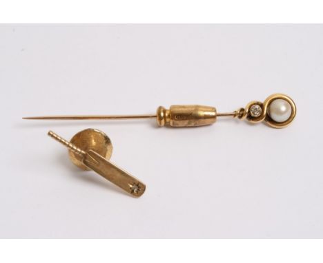 A gold diamond and pearl set pin and a dress stud