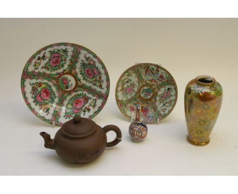 A Chinese Yixing teapot, character marks to base, Japanese Kutoni Chrysanthemum vase and Canton plates