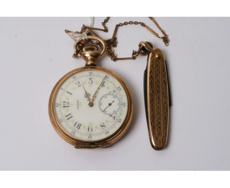 An Elgin pocket watch button wind with a decorative dial, with an attached chain and pocket knife