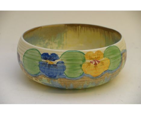 A Clarice Cliff bowl decorated in the pansy pattern, diameter 19cm, no damage 