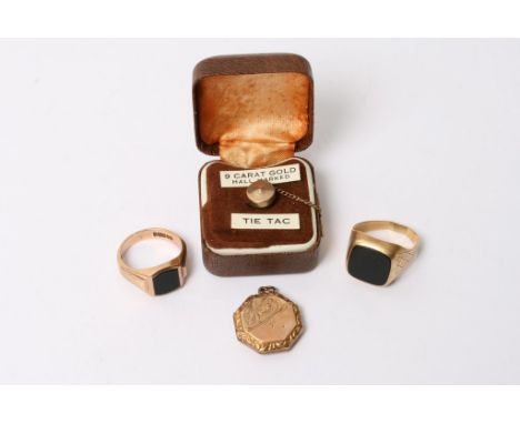 Two gold rings, A 9ct gold tie pin