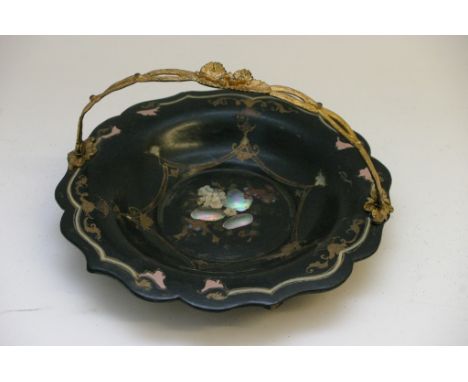 A Victorian single handle paper mache bowl inlaid with Mother of Pearl 