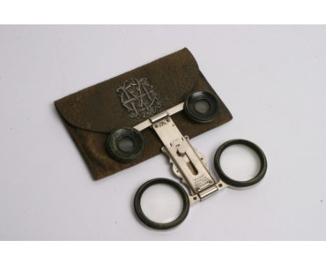  A pair of unusual vintage Crome  double lens "Mars" Spectacles  in a silver mounted leather case
