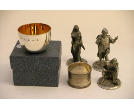 A small Silver dish ,napkin ring and three pewter figures