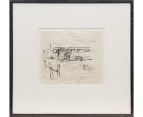 * PETER HOWSON,MORTARED COACHES NEAR T JUNCTION, VITEZ 1994pencil on paper, signed and titled21cm x 29.5cmMounted, framed and