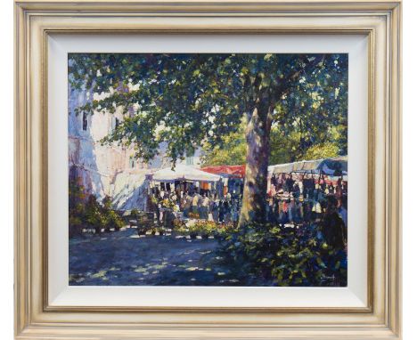 * JOHN HAMMOND,PARASOLS, PROVENCEacrylic on board, signed50cm x 60cm (20 x 24 inches)FramedNote: John Hammond studied at Wimb