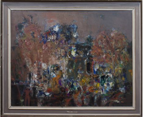 * JOHN HOUSTON OBE RSA RSW RGI SSA (SCOTTISH 1930 - 2008),GARDEN AT THE EDGE OF THE WOODoil on board, signed101cm x 126cm (ap