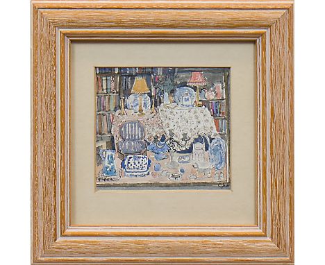* CAROLA GORDON (B 1940),SMALL SHOP WINDOWink and watercolour, signed9.5cm x 10cmMounted, framed and under glass.Note: Titled