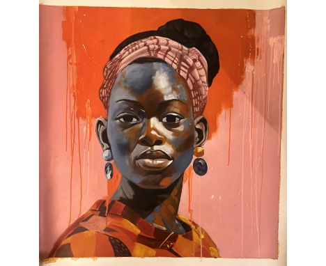 Ansou NIABALY (XX-XXIème siècle) Portrait de femme Acrylique sur toile, signée. Pièce unique 70 x 70 cm   Accompagné du certi