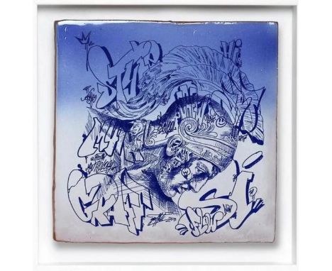 PICHIAVO (Fondé en 2007) Manises Achilles Ceramic ,2021 Encre gel sur carreaux de céramique artisanale peints en bleu cobalt,