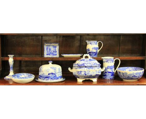 A Spode Italian pattern tureen, Stilton dish, two jugs and five other items.