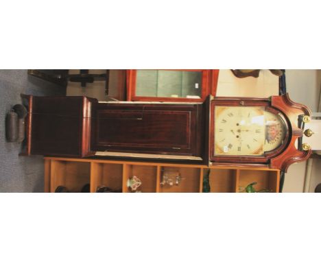 A 18th century painted dial mahogany longcase clock with brass finished swan necked pediments, H. 215cm.