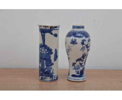 Two 19th century and later Chinese ceramic items, both with blue and white design, the brush pot with a four character mark t