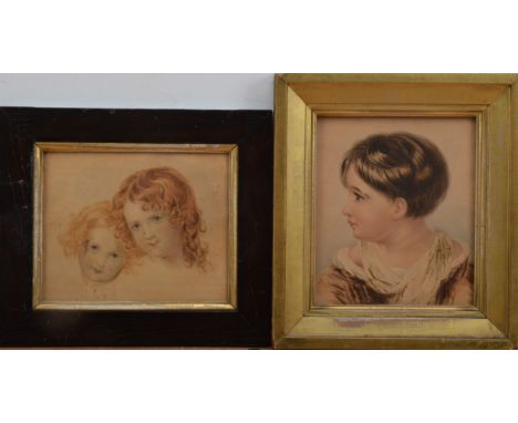 19th century school, a portrait of a young girl, pencil and watercolour in a gilt frame, frame size 25cm x 22.5cm, together w