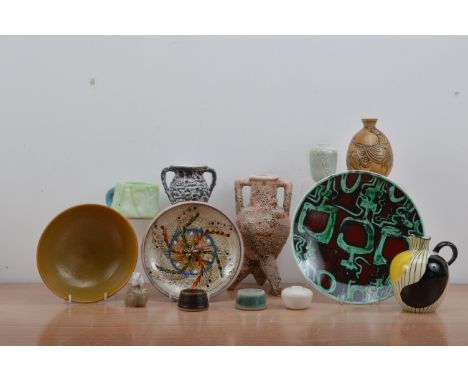 A large collection of assorted ceramics, including studio pottery, Poole Pottery plate, Norga Horezu shallow bowl, Royal Cope