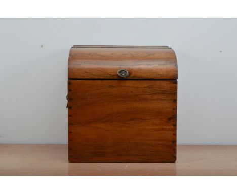A 19th century rosewood tantalus decanter box,  lift open top with a lion ring handle, two side handles in the form of lions,