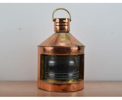 A copper Tung Woo of Hong Kong starboard ships lantern, brass plaques with makers name, the top with a handle, blue glass, 60