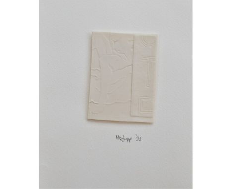 Mo Jupp (British 1938-2018), five ceramic plaques, comprising, a Porcelain plaque mounted on paper, impressed date 93 to the 
