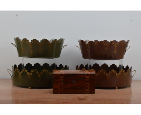 Four gilt painted tin planters, two green and two brown, the larger circular examples 35.5cm diameter, together with a 19th c