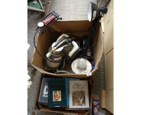 A "Vax", an exterior wall light, an angle poise lamp, a foot pump, a box of books, a large torch, etc.,
