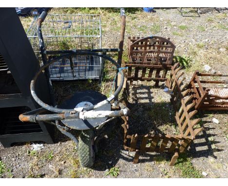 A wheelbarrow, pot carrier and a large dog grate, 31"  x 19" x 14" deep.