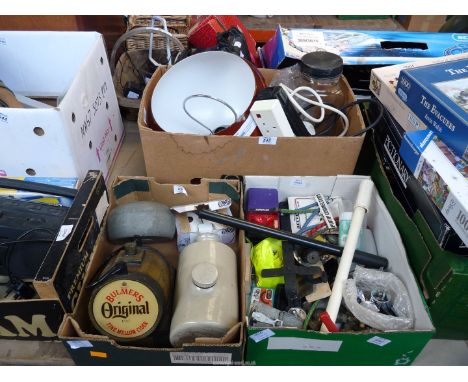 Three boxes of old glass sweet jars, wall hanging light,Bulmers sign, stoneware jar, cycle spares etc.