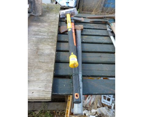 A log splitter, an axe and a sledge hammer.