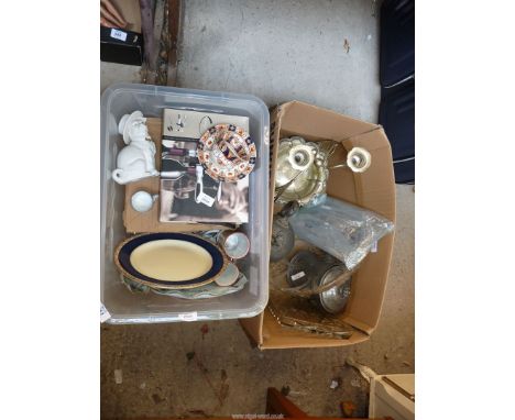 Two boxes of candlesticks, glass, china, corkscrew set, etc.