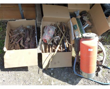 Three boxes of miscellaneous to include: Chainsaw files, gate hinges, old knapsack sprayer, etc.