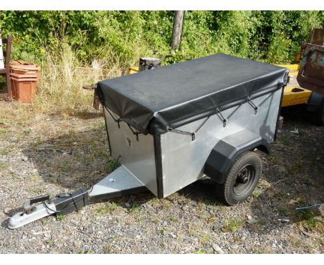 A small aluminium car trailer with cover, 43'' long x 24'' wide x 22'' deep.