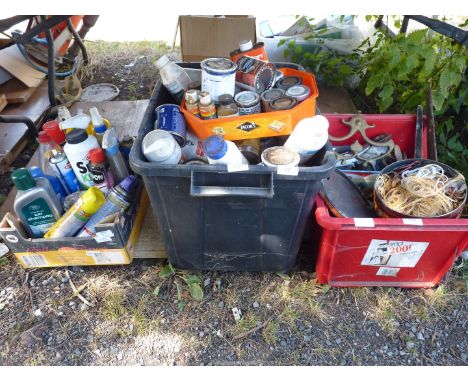 Three boxes of miscellaneous to include: fluids, car shampoo, paints, etc.