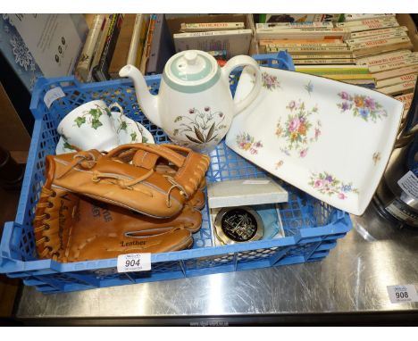 A base ball glove,miscellaneous china, a compact, Minton tray, etc.