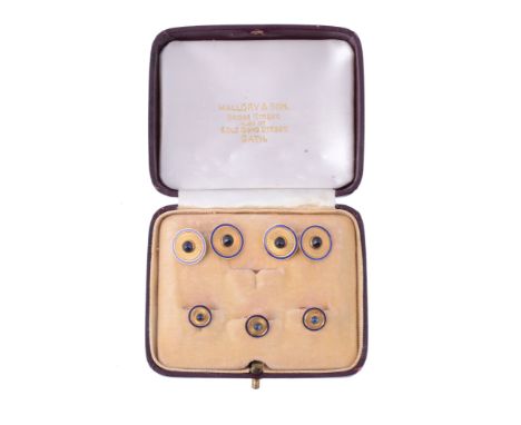 A French gold, sapphire and enamel gentleman's dress set, comprising  A French gold, sapphire and enamel gentleman's dress se