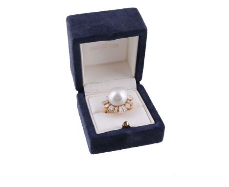 A South Sea cultured pearl and diamond dress ring  A South Sea cultured pearl and diamond dress ring,   the cultured pearl me