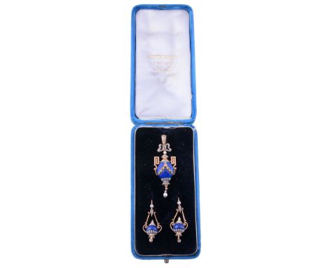 A French diamond, pearl and lapis lazuli pendant and earring suite, circa 1880  A French diamond, pearl and lapis lazuli pend