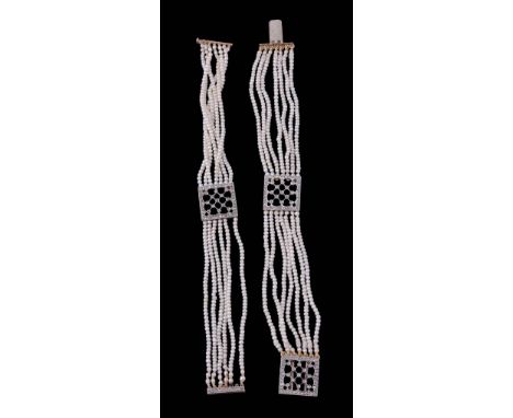 Two French seed pearl and diamond bracelets  Two French seed pearl and diamond bracelets,   the central square shaped pierced