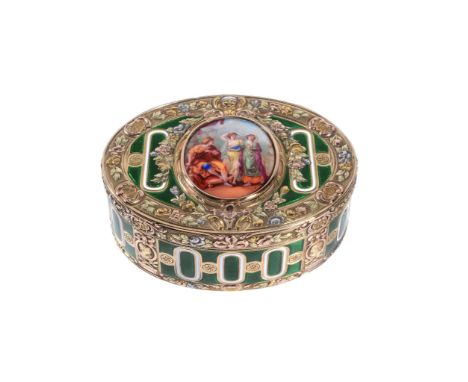 A three colour gold and enamel oval snuff box  A three colour gold and enamel oval snuff box,   prestige marks including make