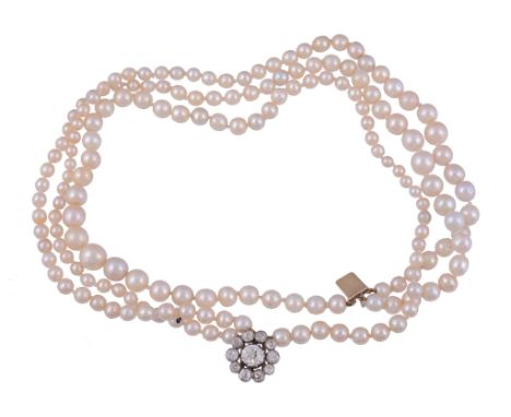 A pearl, cultured pearl and diamond necklace  A pearl, cultured pearl and diamond necklace,   the three strand necklace compo