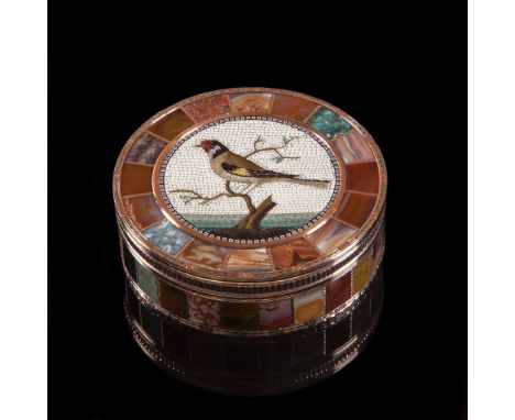 A gold mounted Steinkabinett circular bonbonniere set with a micromosaic plaque  A gold mounted  Steinkabinett   circular bon
