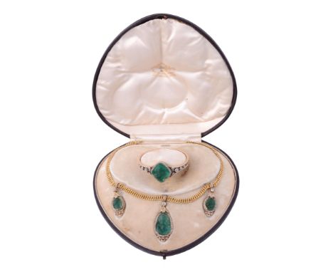 A late 19th century emerald and diamond necklace and bracelet , circa 1880  A late 19th century emerald and diamond necklace 