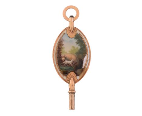 A gilt metal and enamel watch key, circa 1800  A gilt metal and enamel watch key,   circa 1800, the obverse with two sheep an
