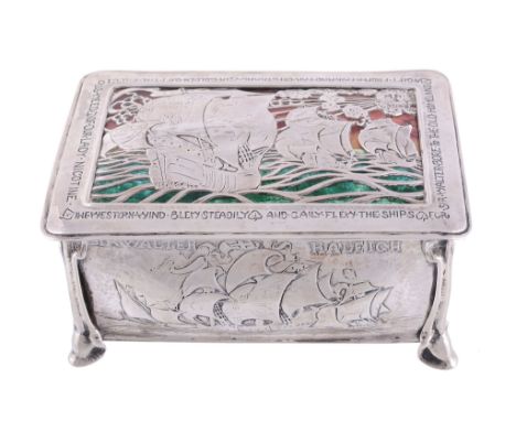 An Arts and Crafts silver and enamel cigarette box by Omar Ramsden & Alwyn Carr  An Arts and Crafts silver and enamel cigaret