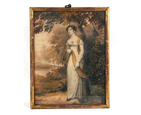 19th century British school - a full length portrait of a Regency Lady in a landscape scene, watercolour, 22 by 30cms (8.75 b