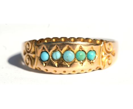 A Victorian 15ct rose gold ring set with five turquoise cabochons, approx UK size 'Q'.