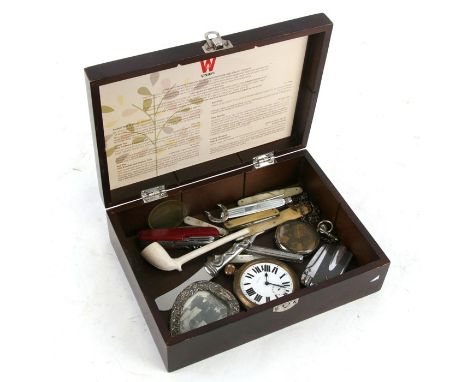 A silver &amp; mother of pearl fruit knife; together with other fruit knives; a pocket watch; a clay pipe; a silver photo fra