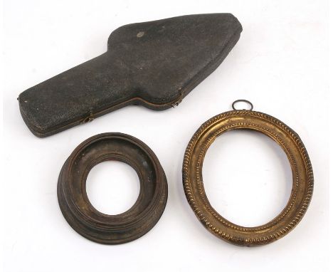 An 18th century sharkskin instrument case, 19.5cms (7.75ins) long; together with two oval portrait miniature frames (3).Condi