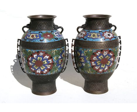 A pair of Chinese two-handled bronze vases with enamel decoration, 30cms (12ins) high.