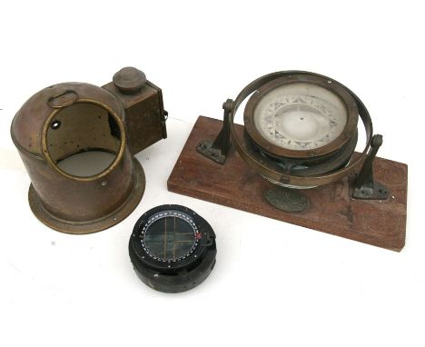 J N Lowther &amp; Co Ltd, Boat Builder - a brass gimbaled ship's compass mounted on a plinth, 25.5cms (10ins) diameter; toget