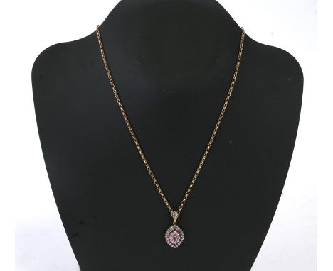 A 9ct gold ruby &amp; diamond pendant on a 9ct gold belcher link chain. 8.8g
